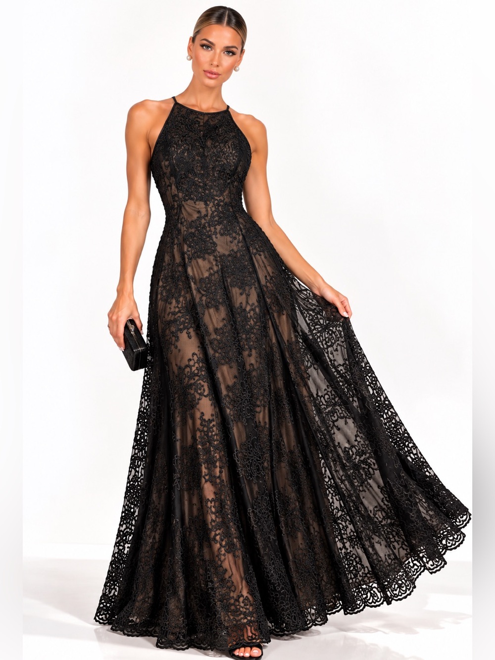 Vintage Sue Wong Studios Black Lace Illusion Evening Gown M Made USA